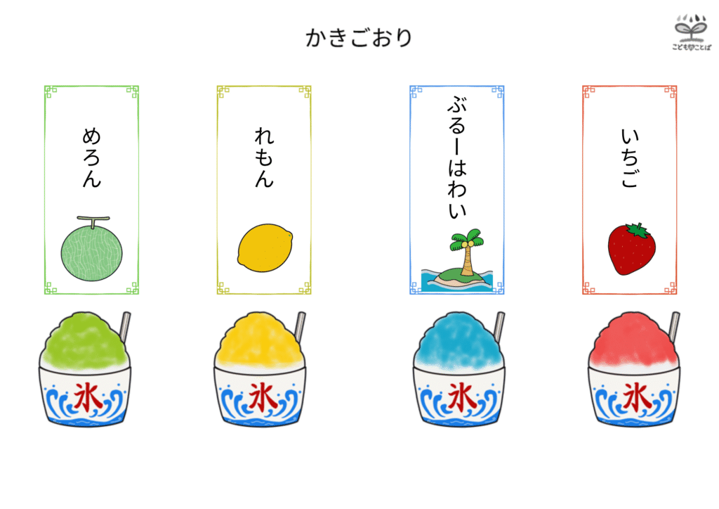 かき氷づくりのメニュー表(いちご、ブルーハワイ、レモン、メロン)