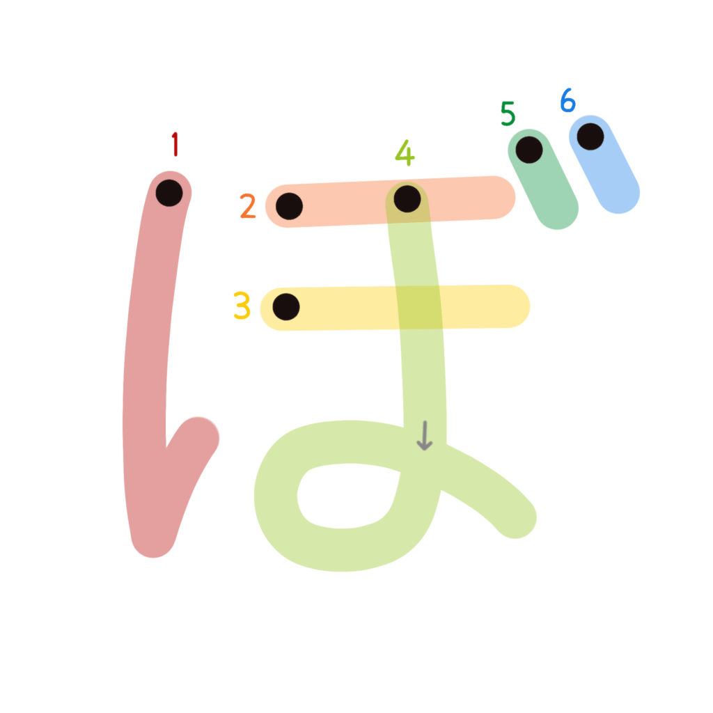 ひらがな『ぼ』のなぞり書き（カラー）